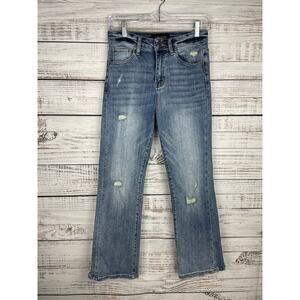 Risen Vintage Washed Straight Leg Jeans High Rise Raw Hem Size 26 Stretch 26x27